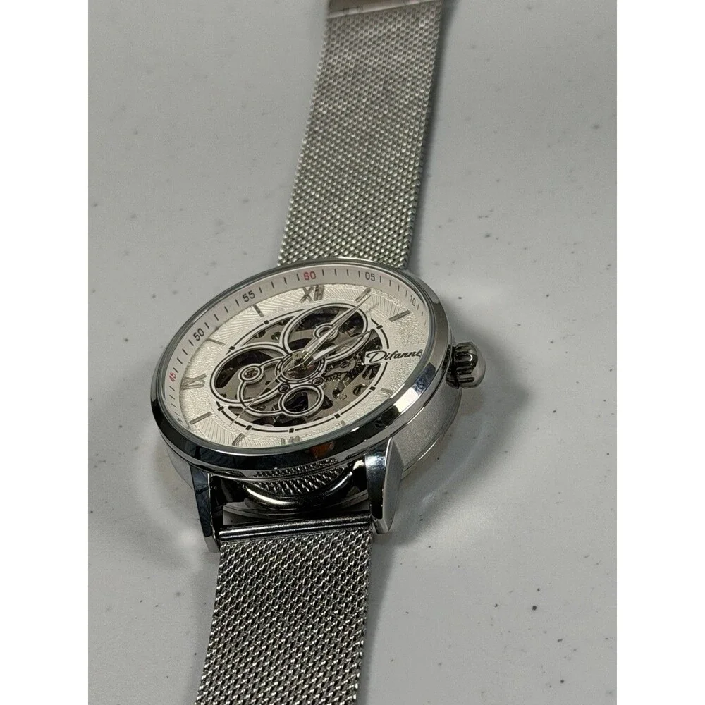 40.5mm Automatic Skeleton Mechanical Watch Silver Mesh Band Open Heart New